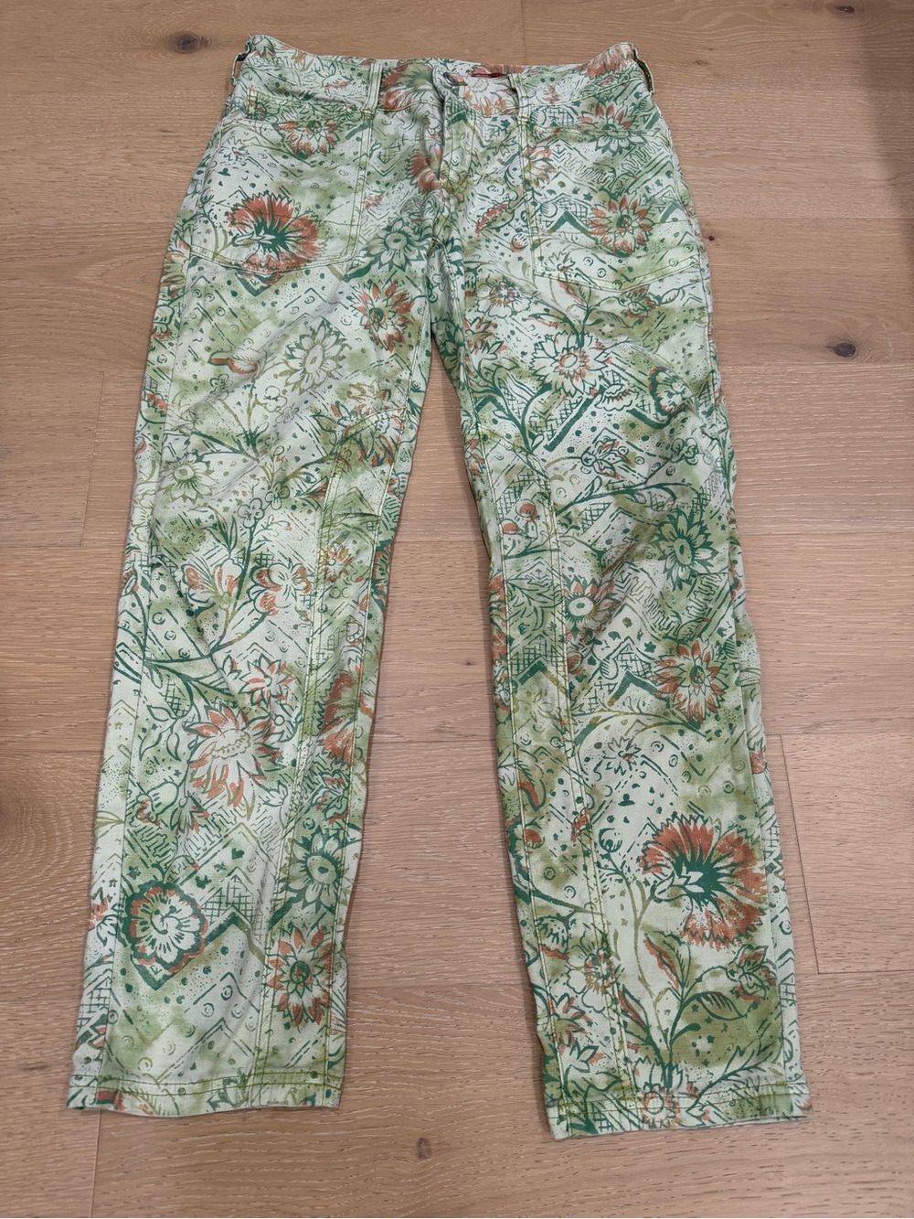 Pilcro Anthropologie Th Wanderer Green & Cream Floral Straight-Leg Jeans Size 28